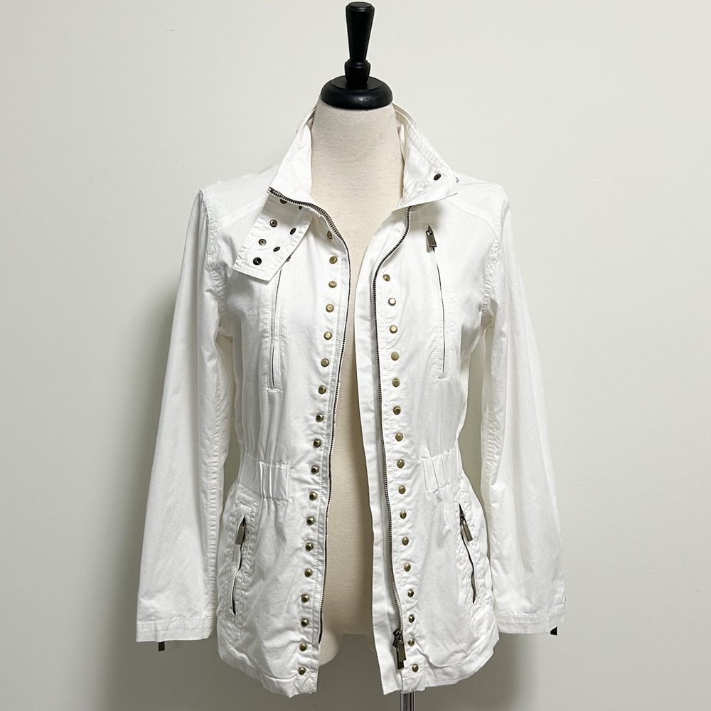Michael Kors MK White Gold Tone Studded Zip Up Elastic Waistband Jacket Medium - Picture 2 of 12